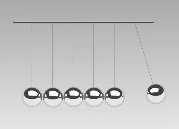 Newtonsche Gesetz: Pendel mit fünf Kugeln, die eine Kugel in Bewegung setzen.
