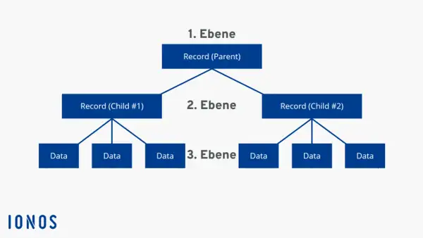 Hierarchische Struktur zeigt, was ein Datenbanksystem ist: ein Eltern-Record mit zwei Kind-Records, die jeweils Daten enthalten.