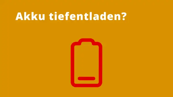 Akku tiefentladen? Rotes Batteriesymbol mit fast leerem Ladebalken auf orangefarbenem Hintergrund.