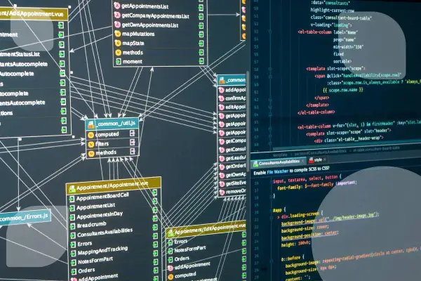 Ein Diagramm zeigt, wie eine Datenbank aufgebaut ist, mit verschachtelten Komponenten und Verbindungen zwischen verschiedenen Code-Dateien und Funktionen.