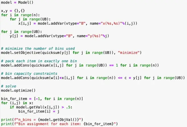 Python-Code zur Lösung des Bin Packing Problems, der Variablen für Artikel und Behälter definiert und die Zuweisung optimiert.