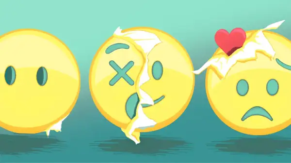 Drei Emojis: neutral, tot (X-Augen) und traurig. Sie zeigen, was bedeuten die einzelnen emojis: von leer zu verletzt, bis hin zu gebrochenem Herzen.