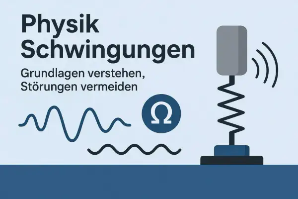 Physik: Schwingungen verstehen, Störungen vermeiden. Wellen und ein Feder-Masse-System symbolisieren elektromagnetische Schwingungen.