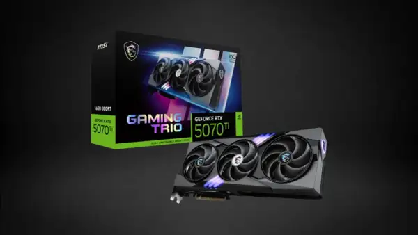 MSI GeForce RTX 5070 Ti Gaming Trio Grafikkarte und Verpackung. Perfekt, um die GPU-Gesundheit für Gaming zu prüfen.