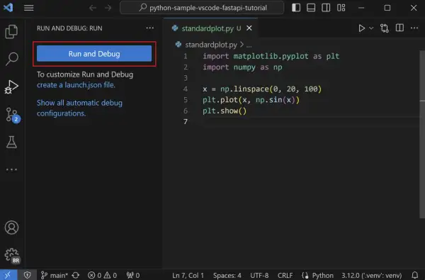 VS Code: Python-Code mit `Run and Debug` starten. Der `python debugger` ist bereit.