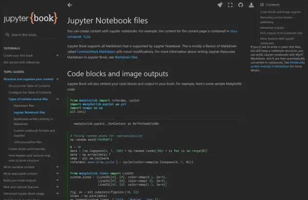 Jupyter Notebook Dark Mode: Code-Blöcke und Bildausgaben werden in Jupyter Book eingebettet.