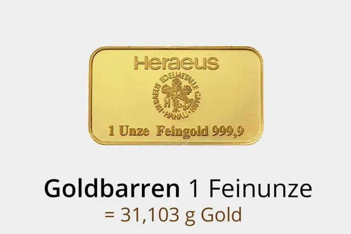Goldbarren 1 Feinunze = 31,103 g Gold. Die Umrechnung Unze Gramm Gold ist hier klar ersichtlich.